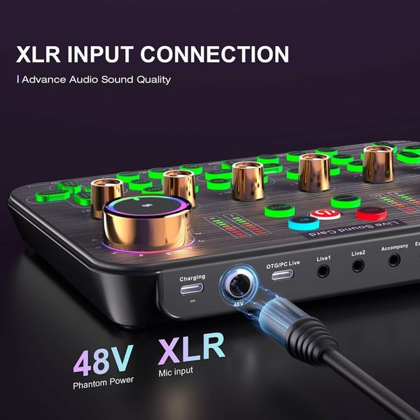 Live Sound Card Audio Mixer, Audio Interface with DJ Mixer Live Sound Effects and Voice Changer, 48V Phantom Power, Podcast Mixer for Phone PC Live Streaming Recording Tiktok YouTube Gaming