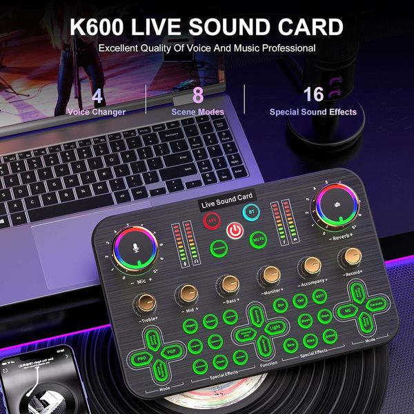 Live Sound Card Audio Mixer, Audio Interface with DJ Mixer Live Sound Effects and Voice Changer, 48V Phantom Power, Podcast Mixer for Phone PC Live Streaming Recording Tiktok YouTube Gaming