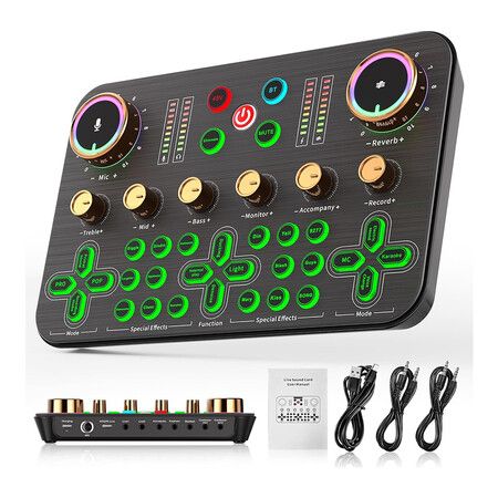 Live Sound Card Audio Mixer, Audio Interface with DJ Mixer Live Sound Effects and Voice Changer, 48V Phantom Power, Podcast Mixer for Phone PC Live Streaming Recording Tiktok YouTube Gaming