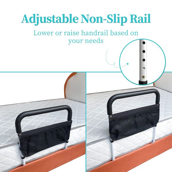 Bed Rails for Elderly Safety with Adjustable Heights Storage Pocket Assist Support Side Railings for Seniors Citizens Slides Under Mattressbed Cane Bed Guard Bed Handles Bars