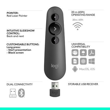 R500s Laser Presentation Remote Clicker with Dual Connectivity Bluetooth or USB for Powerpoint, Keynote, Google Slides, Wireless Presenter, Black, Class 1 Laser