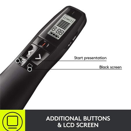 Professional Presenter R800, Wireless Presentation Clicker Remote with Green Laser Pointer and LCD Display , Black