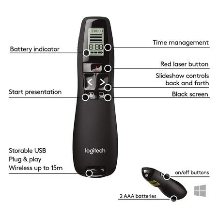 Professional Presenter R800, Wireless Presentation Clicker Remote with Green Laser Pointer and LCD Display , Black