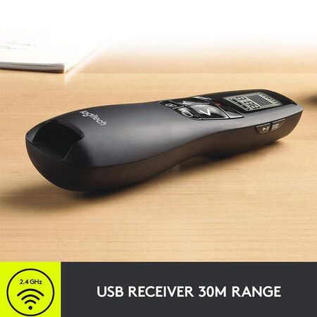 Professional Presenter R800, Wireless Presentation Clicker Remote with Green Laser Pointer and LCD Display , Black