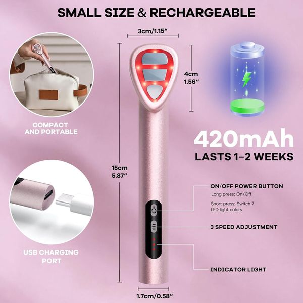 LED Light Wand for Face and Neck - Microcurrent Facial Device for Anti-Aging - Face & Eye Massager Skincare(Pink)