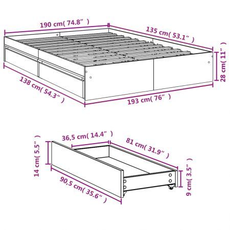 Bed Frame with Drawers White 135x190 cm Engineered Wood