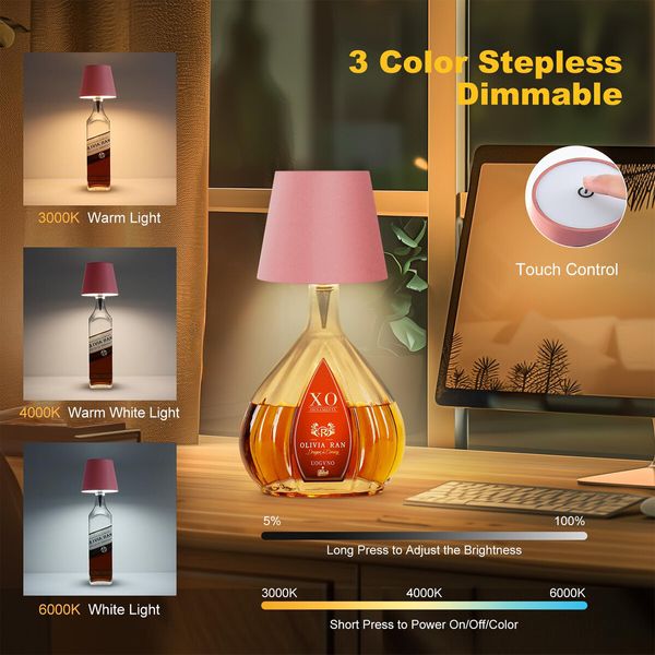 Wireless Bottle Lamp,New 3 Color Rechargeable Wine Bottle Lights for Bars Restaurants (Pink,1PC)