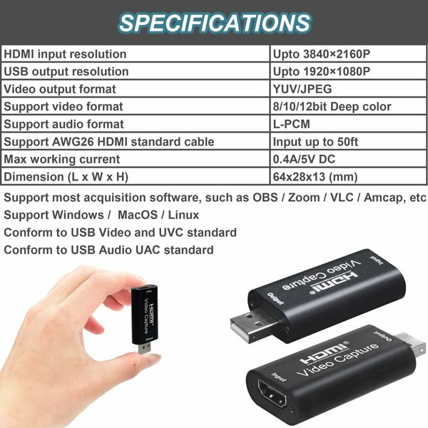 4K HDMI to USB 2.0 Video Capture Card 1080P Cam Link Card Game Capture Card Adapter Screen Record Capture Device for Streaming, Gaming, Video Conference, Teaching, Live Broadcasting