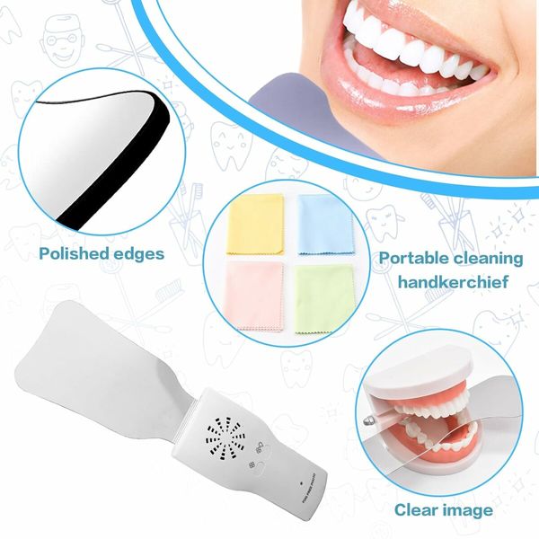 Fog-Free Dental Occlusal Photographic Mirror Device with 4 Rhodium Intraoral Reflective Mirrors for Dentistry, Anti-Fog Fan and LED Lighting Handle with Plated Glass Reflectors Oral Inspection Kit