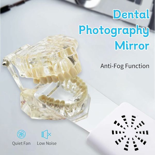 Fog-Free Dental Occlusal Photographic Mirror Device with 4 Rhodium Intraoral Reflective Mirrors for Dentistry, Anti-Fog Fan and LED Lighting Handle with Plated Glass Reflectors Oral Inspection Kit