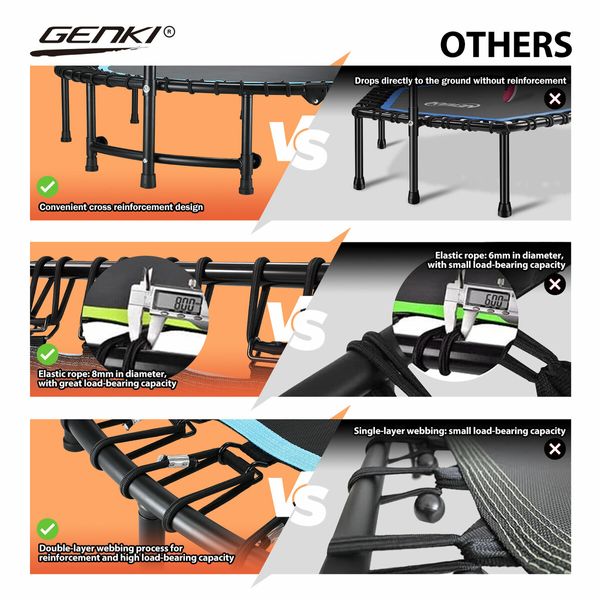 Genki Mini Trampoline Foldable Rebounder Jumping Rebounding Exercise Bungee Workout Fitness Equipment Home Gym 48 Inch