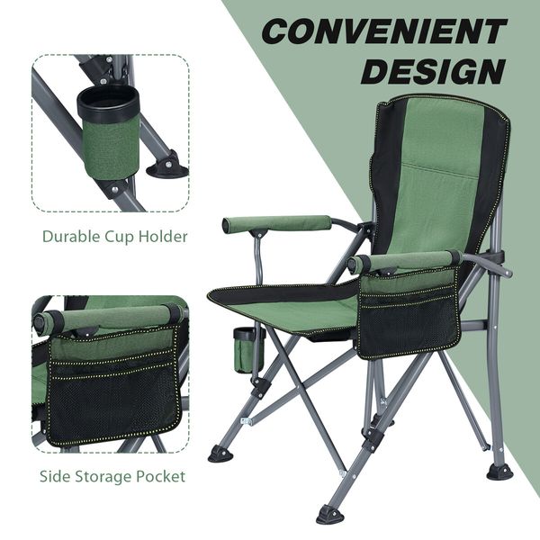 Folding Camping Chair Outdoor Camp Beach Picnic Hiking Fishing Seat Patio Lawn Seating Furniture Portable Lightweight with Armrests Cup Holder Green