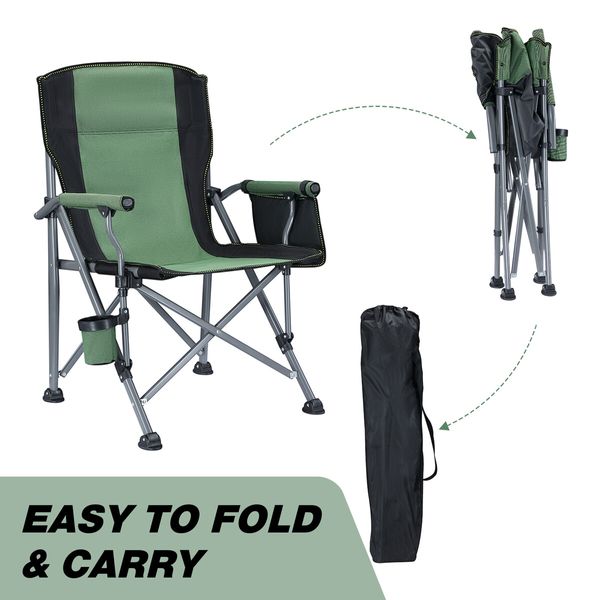 Folding Camping Chair Outdoor Camp Beach Picnic Hiking Fishing Seat Patio Lawn Seating Furniture Portable Lightweight with Armrests Cup Holder Green