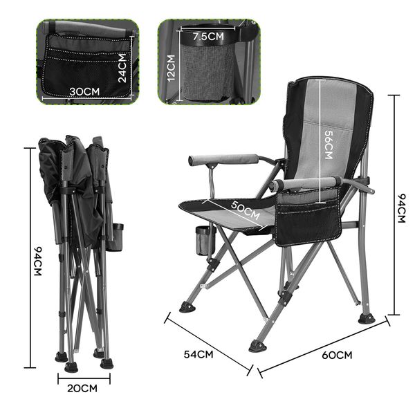 Folding Camping Chair Picnic Hiking Outdoor Beach Fishing Seat Lawn Patio Seating Furniture Portable Lightweight with Armrests Cup Holder Grey