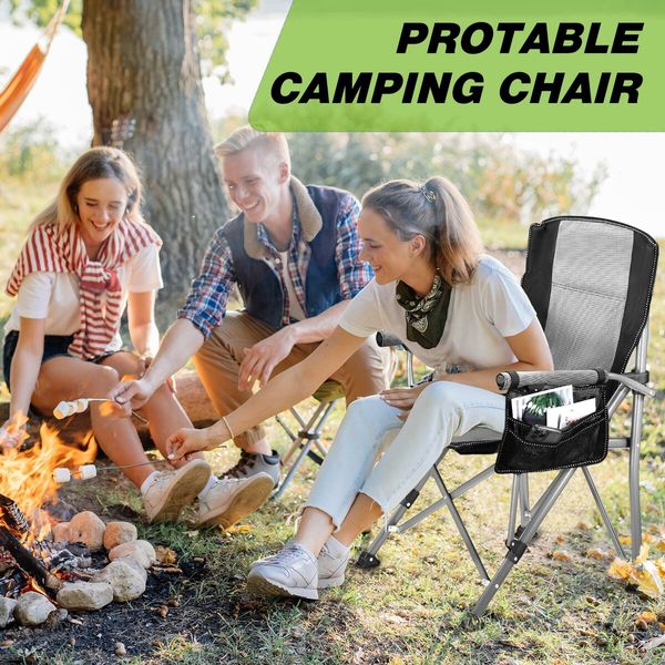 Folding Camping Chair Picnic Hiking Outdoor Beach Fishing Seat Lawn Patio Seating Furniture Portable Lightweight with Armrests Cup Holder Grey