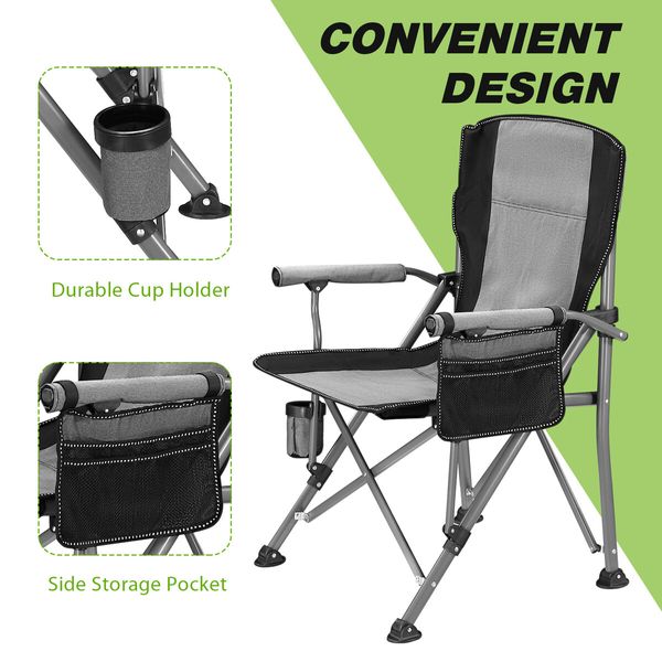 Folding Camping Chair Picnic Hiking Outdoor Beach Fishing Seat Lawn Patio Seating Furniture Portable Lightweight with Armrests Cup Holder Grey