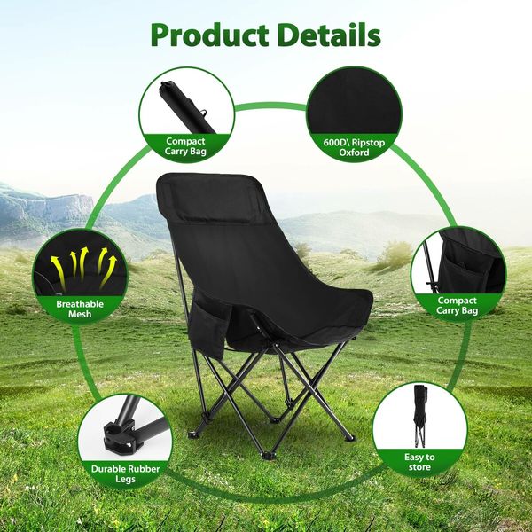 Folding Camping Chair Portable Lightweight Beach Picnic Hiking Fishing Outdoor Furniture Patio Garden Lawn Backyard Seat with Pocket