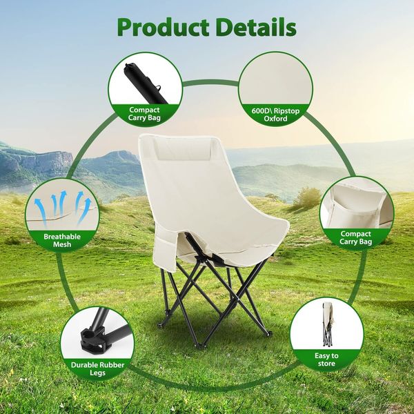 Folding Camping Chair Lightweight Portable Beach Hiking Fishing Picnic Outdoor Furniture Garden Lawn Patio Backyard Seat with Pocket