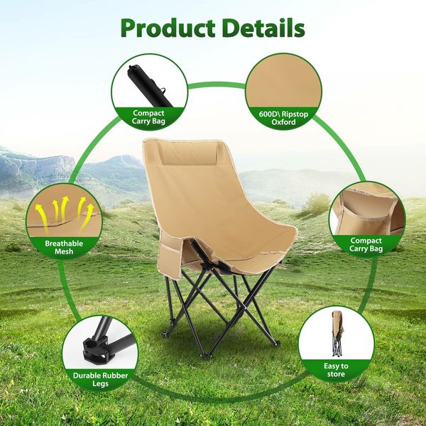 Folding Camping Chair Lightweight Beach Portable Picnic Hiking Fishing Outdoor Furniture Patio Lawn Backyard Garden Seat with Pocket