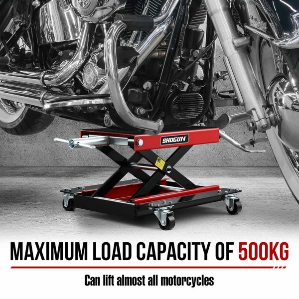 Motorcycle Lift Stand Motorbike Scissor Lifting Hoist Jack Dirtbike ATV Work Repair Platform Bench with Dolly Tray Wheels Heavy Duty Steel 500kg