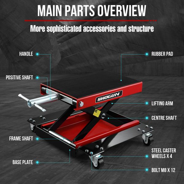 Motorcycle Lift Stand Motorbike Scissor Lifting Hoist Jack Dirtbike ATV Work Repair Platform Bench with Dolly Tray Wheels Heavy Duty Steel 500kg