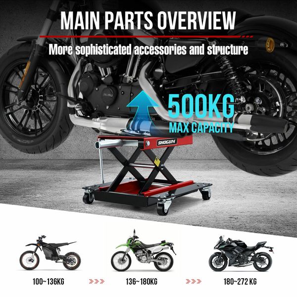 Motorcycle Lift Stand Motorbike Scissor Lifting Hoist Jack Dirtbike ATV Work Repair Platform Bench with Dolly Tray Wheels Heavy Duty Steel 500kg