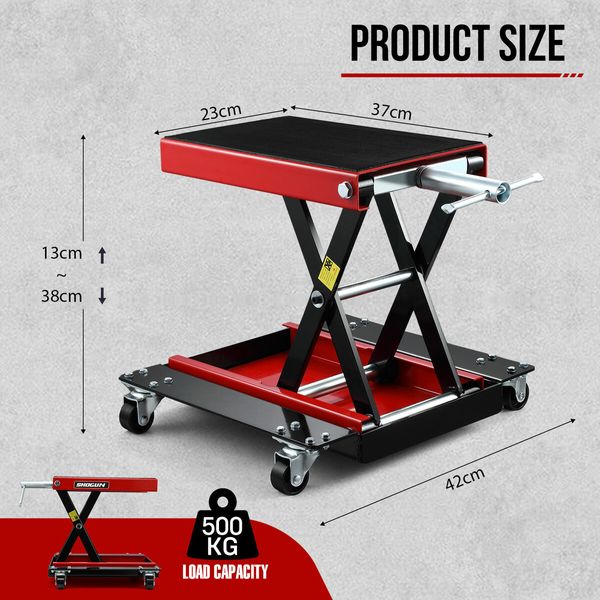 Motorcycle Lift Stand Motorbike Scissor Lifting Hoist Jack Dirtbike ATV Work Repair Platform Bench with Dolly Tray Wheels Heavy Duty Steel 500kg