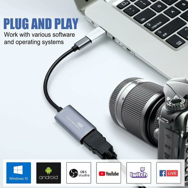 Audio and Video Capture Card, USB3.0 HDMI to USB C, 4K 1080P 60FPS Capture with Type-C Adapter Devices for Gaming Live Streaming Video Recorder, for Windows Mac OS System OBS Zoom