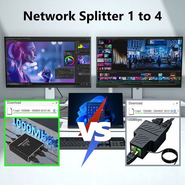 Gigabit Ethernet Splitter 1 to 4 High Speed, Internet Splitter 1000Mbps, LAN Splitter with USB Power Cable, RJ45 Splitter for Cat5/5e/6/7/8 Cable