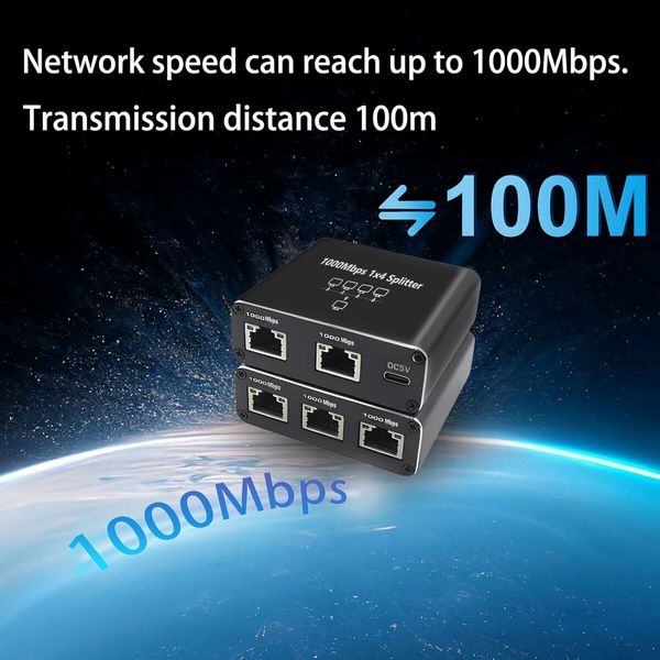 Gigabit Ethernet Splitter 1 to 4 High Speed, Internet Splitter 1000Mbps, LAN Splitter with USB Power Cable, RJ45 Splitter for Cat5/5e/6/7/8 Cable