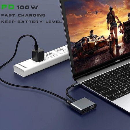 USB C to HDMI VGA Adapter for Monitor, USBC Laptop Docking Station Dual Monitor Dongle MacBook, USB-C Hub Powered Mac, USB 3.0 to USB C Adapter Cable with Fast Charging Chromebook, Type C Dock