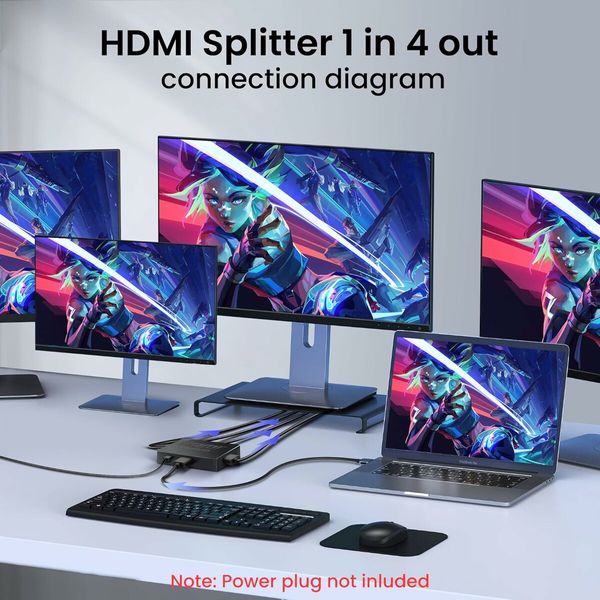 HDMI Splitter 1 in 4 Out with HDMI Cable, 4K HDMI Splitter 1X4 Mirror Screen, USB Power Splitter 1 input 4 Output support 4KX2K, 1080P@60Hz, 3D, HDR, 1 Source to 4 HDMI displays