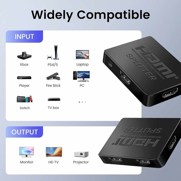 HDMI Splitter 1 in 4 Out with HDMI Cable, 4K HDMI Splitter 1X4 Mirror Screen, USB Power Splitter 1 input 4 Output support 4KX2K, 1080P@60Hz, 3D, HDR, 1 Source to 4 HDMI displays