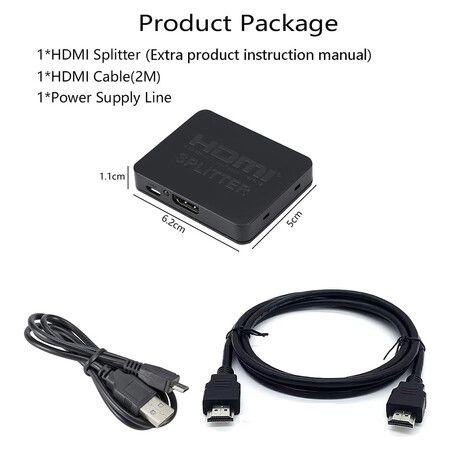 HDMI splitter 1 in 2 out, 4K@30Hz HDMI splitter suitable for dual displays only copies/mirrors, with HDMI corresponding interface devices