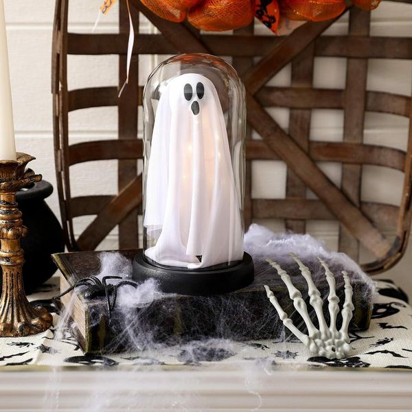 Halloween Decorations Indoor Light Up Ghost in Glass Cloche Cute Ghost with Light for Home Kitchen Mantel Tabletop Party Decor