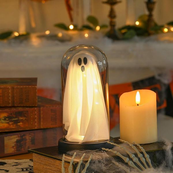 Halloween Decorations Indoor Light Up Ghost in Glass Cloche Cute Ghost with Light for Home Kitchen Mantel Tabletop Party Decor