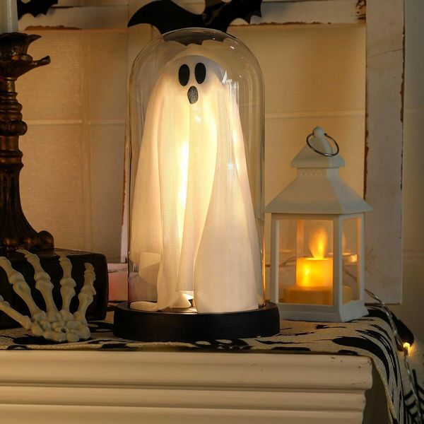 Halloween Decorations Indoor Light Up Ghost in Glass Cloche Cute Ghost with Light for Home Kitchen Mantel Tabletop Party Decor