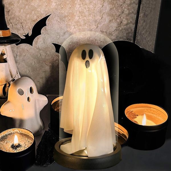 Halloween Decorations Indoor Light Up Ghost in Glass Cloche Cute Ghost with Light for Home Kitchen Mantel Tabletop Party Decor