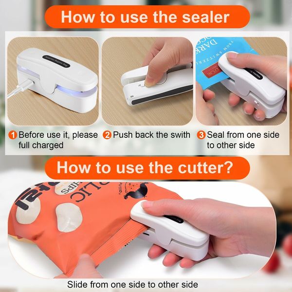 Mini Rechargeable Bag Sealer 2-in-1 Heat Cutter Vacuum Food Sealing Machine Portable for Snacks-White