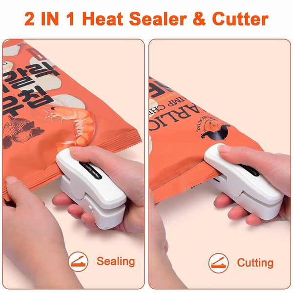 Mini Rechargeable Bag Sealer 2-in-1 Heat Cutter Vacuum Food Sealing Machine Portable for Snacks-White