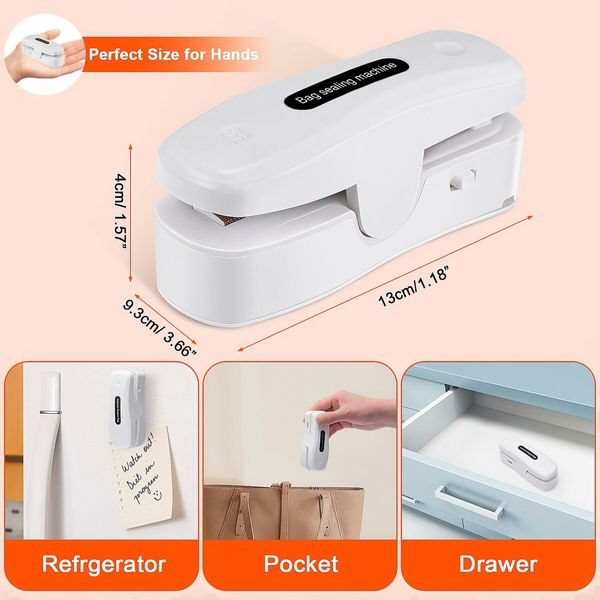 Mini Rechargeable Bag Sealer 2-in-1 Heat Cutter Vacuum Food Sealing Machine Portable for Snacks-White