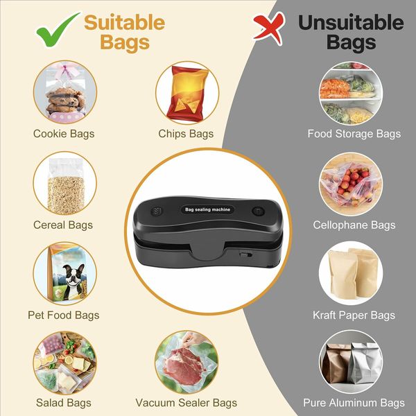 Mini Rechargeable Bag Sealer 2-in-1 Heat Cutter Vacuum Food Sealing Machine Portable for Snacks-Black