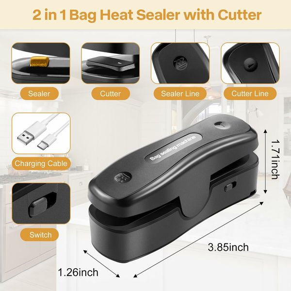 Mini Rechargeable Bag Sealer 2-in-1 Heat Cutter Vacuum Food Sealing Machine Portable for Snacks-Black