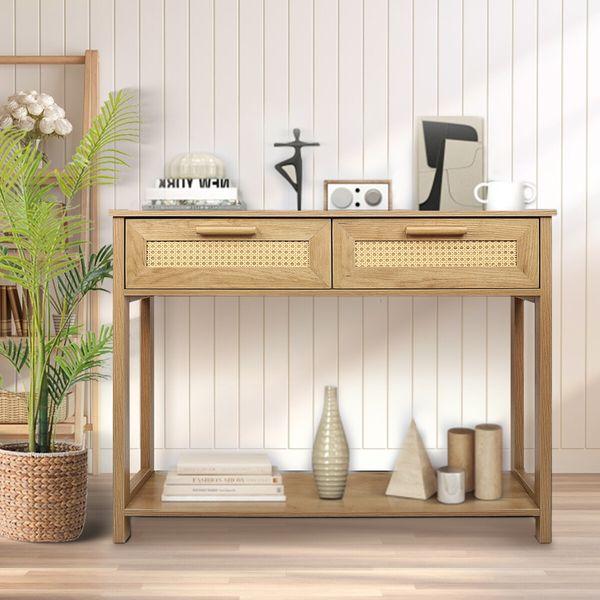 Narrow Console Table Hallway Entry End Entrance Sofa Couch Rattan Side Accent Bedroom Living Home Furniture with Drawers Storage Shelf