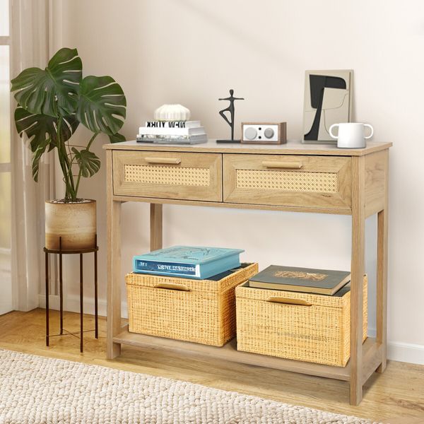 Narrow Console Table Hallway Entry End Entrance Sofa Couch Rattan Side Accent Bedroom Living Home Furniture with Drawers Storage Shelf