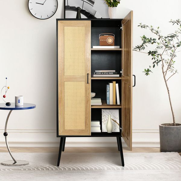 Tall Storage Cabinet Rustic Display Sideboard Bedroom Living Kitchen Pantry Shelf Home Furniture Farmhouse Accent Shelving Unit with Rattan Doors