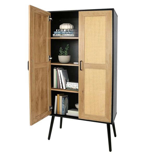 Tall Storage Cabinet Rustic Display Sideboard Bedroom Living Kitchen Pantry Shelf Home Furniture Farmhouse Accent Shelving Unit with Rattan Doors