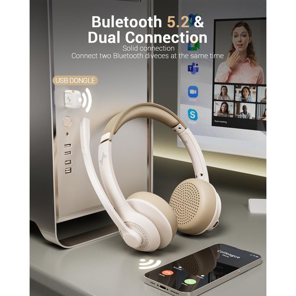 Wireless Headset with AI Noise Cancelling Microphone Bluetooth Headset - Bluetooth V5.2 Headphones with USB Dongle And Mic Mute for Computer/Laptop/PC/iPhone/Android/Cell Phones White