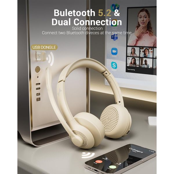 Wireless Headset with AI Noise Cancelling Microphone Bluetooth Headset - Bluetooth V5.2 Headphones with USB Dongle And Mic Mute for Computer/Laptop/PC/iPhone/Android/Cell Phones Apricot