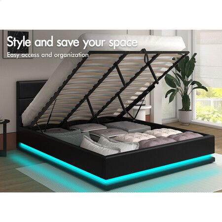 ALFORDSON Bed Frame King Size Platform RGB LED Gas Lift Base Storage Black